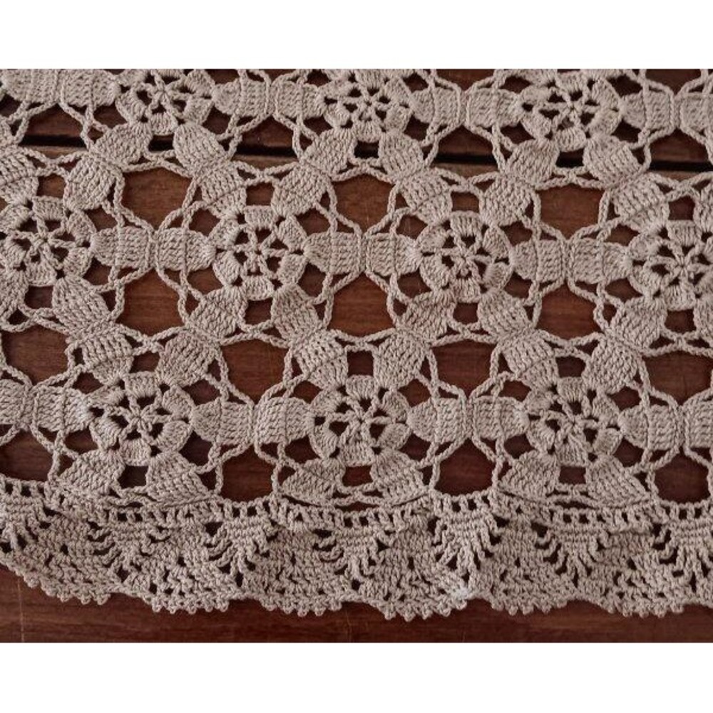 Vintage Beige Crochet Lace Tablecloth Topper Scalloped Dark Ecru Hand Made 47"